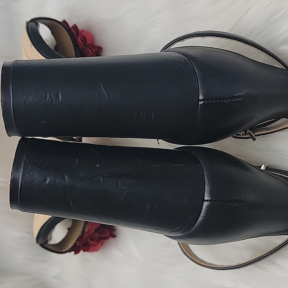 SAM EDELMAN Yaro Black Leather Red Rosette Open Toe Party Block Heel Sandals 7.5 - Picture 8 of 16